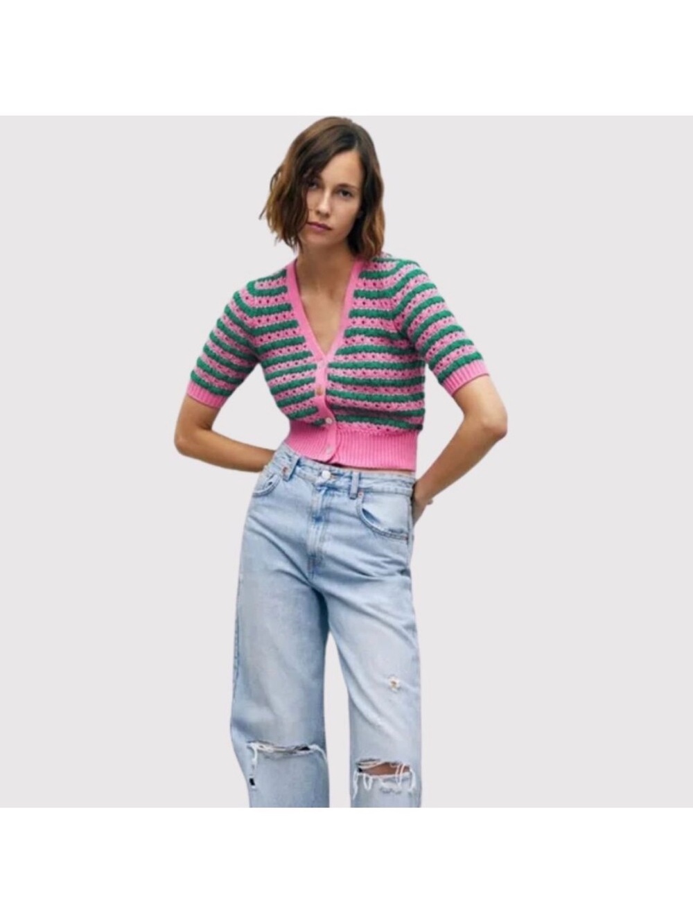 Pink & Green Cropped Crochet Knit Button Cardigan V Neck Eclectic Colorful